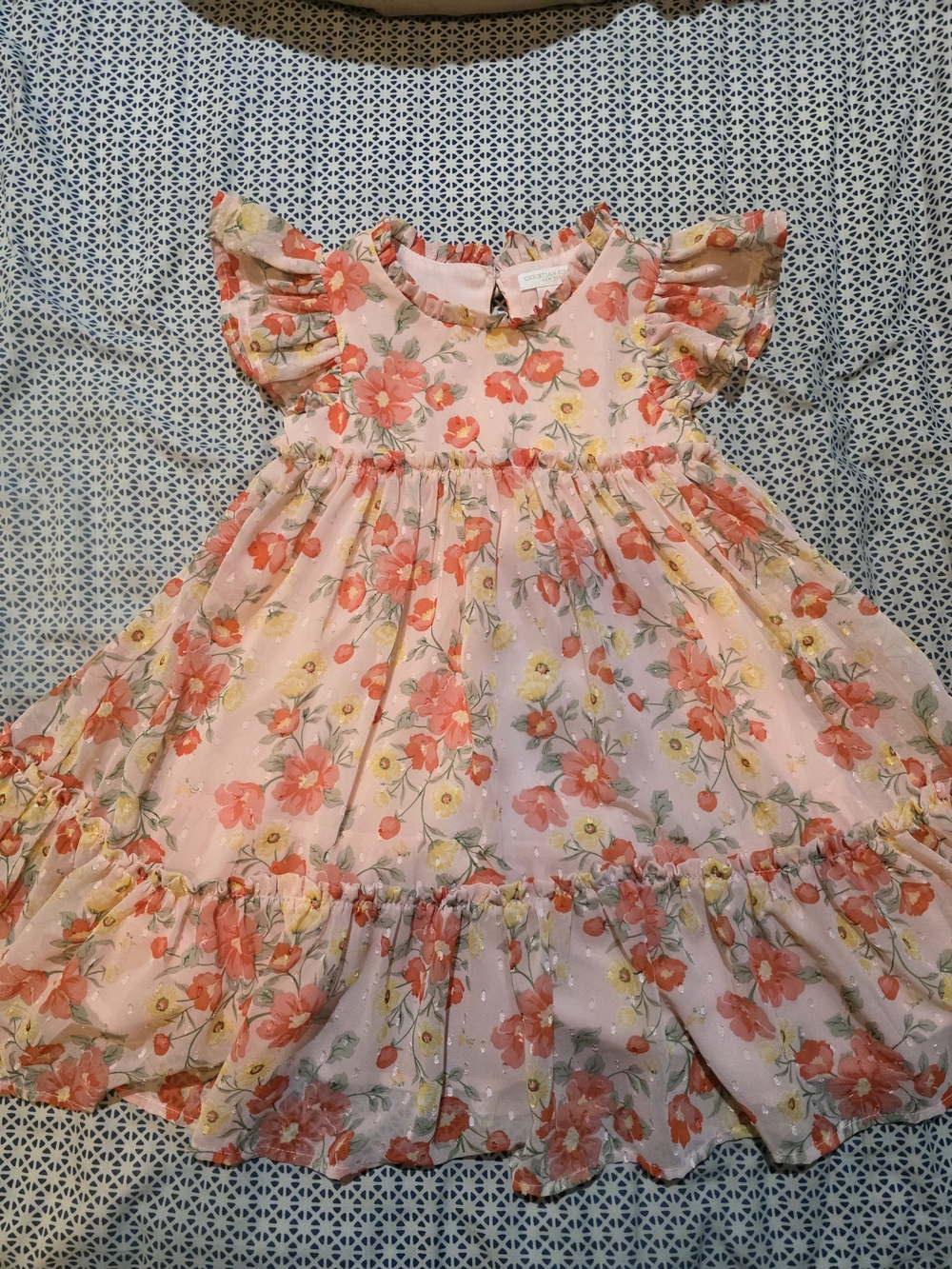 Girls' Peach Floral Ruffle-Sleeve Dress - Picture 3 of 10